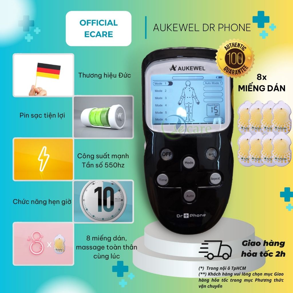 Máy Massage xung điện trị liệu 8 miếng dán cao cấp thương hiệu Đức Aukewel Dr Phone AK-2000-V