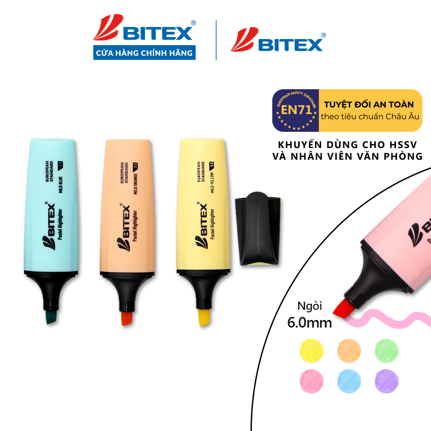 Bút Dạ Quang Highlight Bitex HL05 Ngòi Dẹt Mực Màu Pastel Nhanh Khô