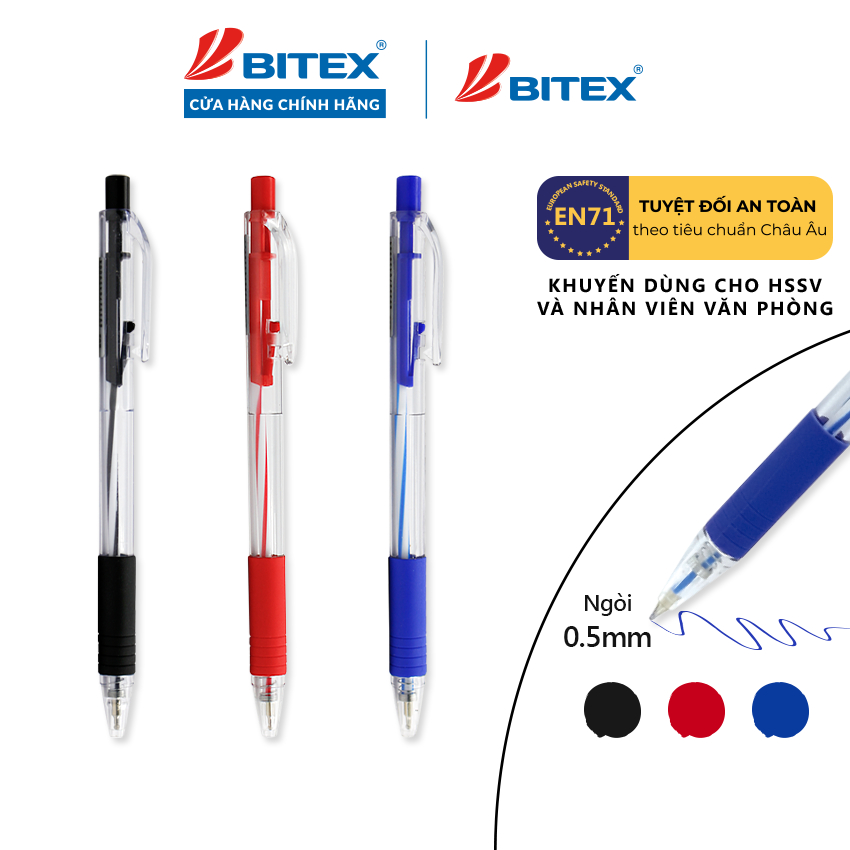 Combo 10/20 Bút Bi Bitex B03 ngòi 0.5mm mực xanh/đỏ/đen
