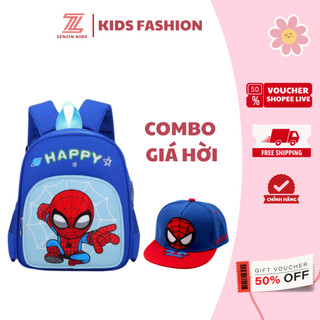 Combo Balo kèm mũ cho bé đi học mầm non ZENZIN KIDS  hình siêu nhân nhện SPIDERMAN, cặp mẫu giáo chất vải an toàn