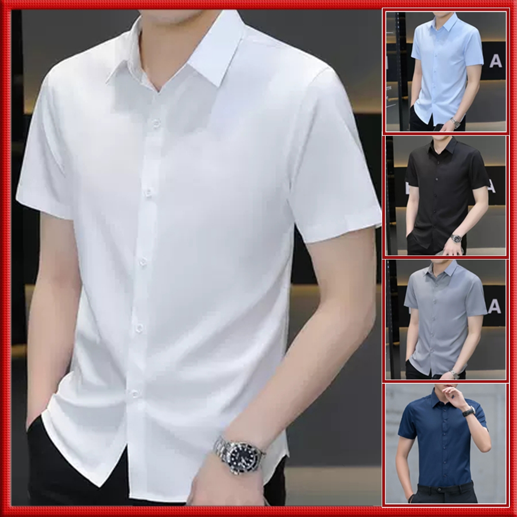 Áo sơ mi nam tay ngắn, chất liệu lụa trơn mềm mát