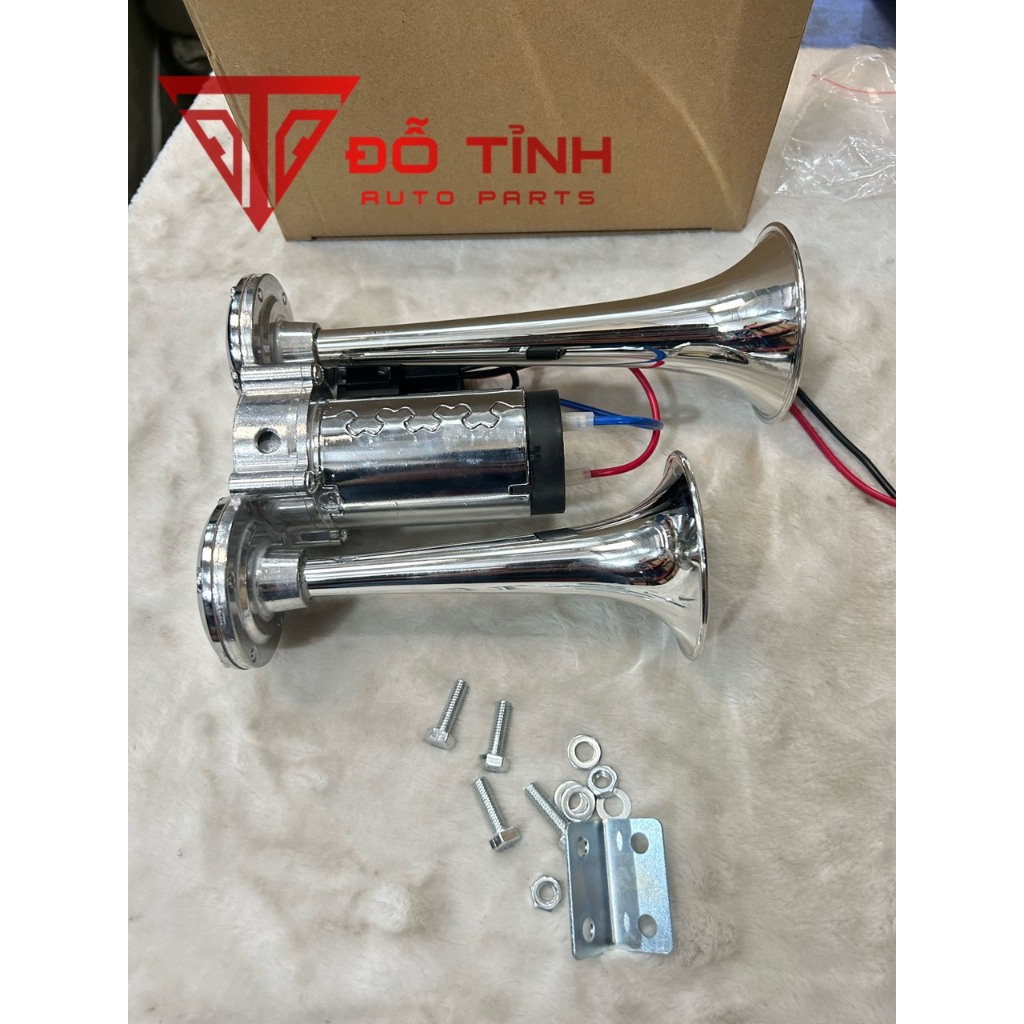 Còi sinh hơi 2 loa mạ Crom. Còi hơi ô tô cho xe không có bình hơi 12/24v