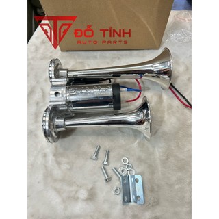 Còi sinh hơi 2 loa mạ Crom. Còi hơi ô tô cho xe không có bình hơi 12/24v
