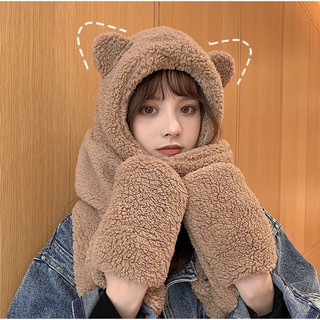 Mũ len nữ thời trang Hàn Quốc , nón lông cừu tai gấu kèm găng tay và khăn quang cổ cute ấm áp