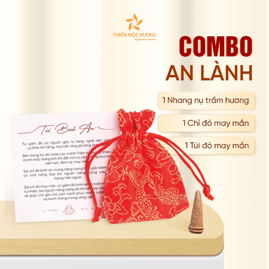 Combo An Lành : Túi trầm Bình An, vòng tay chỉ đỏ may mắn và nhang nụ trầm hương tự nhiên cao cấp - Thiên Mộc Hương