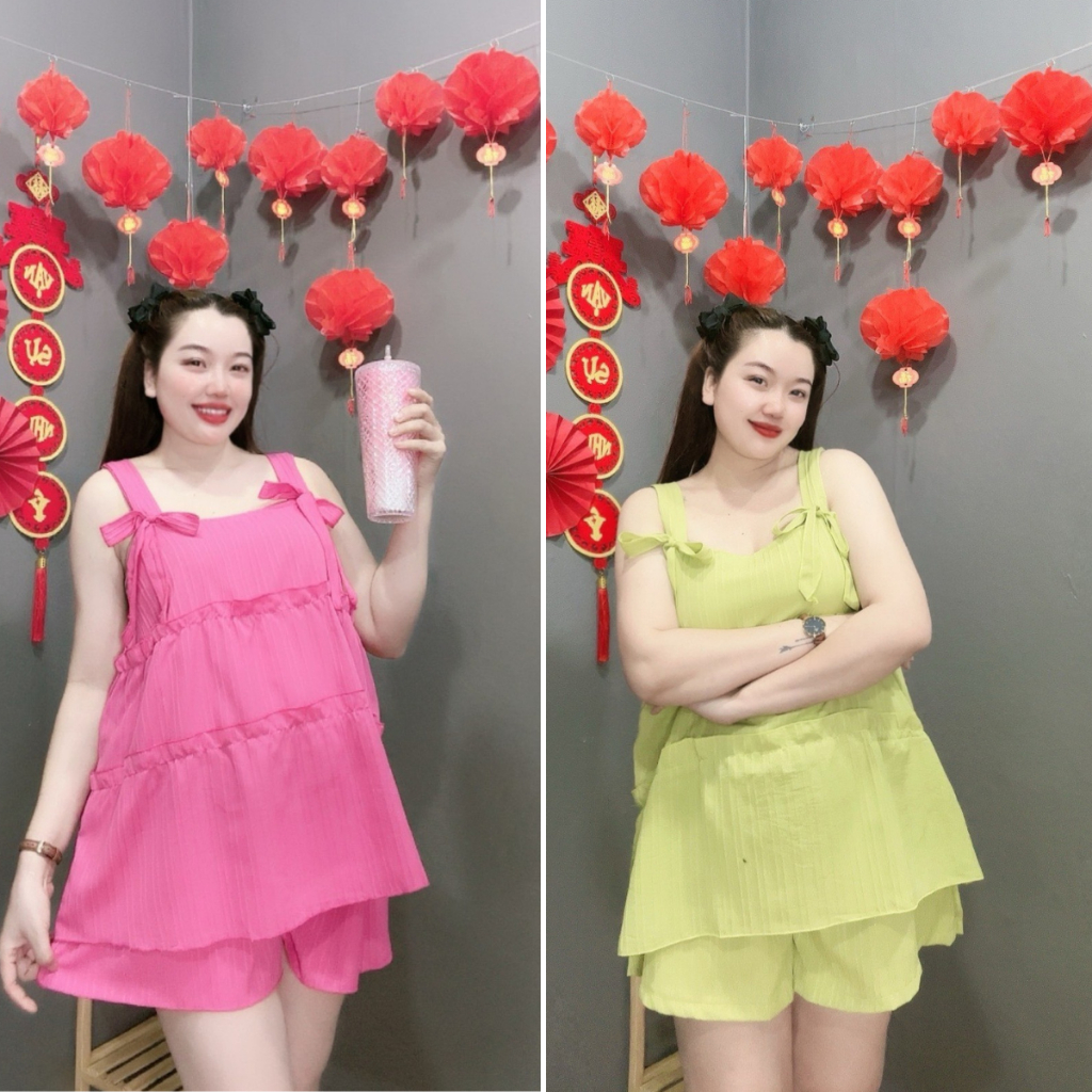 Bộ đồ thời trang bigsize nữ quần áo vải xốp babydoll buộc nơ xinh phù hợp quanh năm SET58