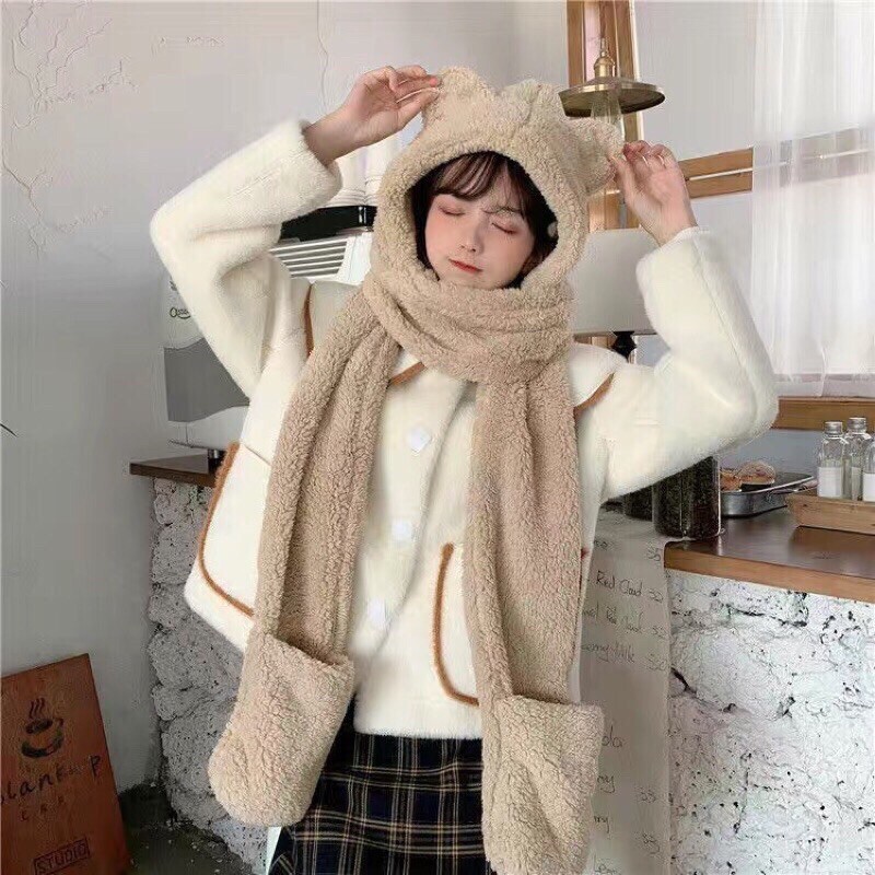 Mũ len nữ thời trang Hàn Quốc , nón lông cừu tai gấu kèm găng tay và khăn quang cổ cute ấm áp
