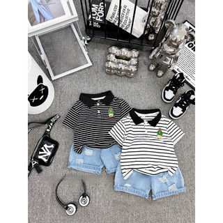Quần áo bé trai, set bộ côc tay áo polo kẻ ngang thêu gấu kèm quần short jean cào rách size 10-28kg