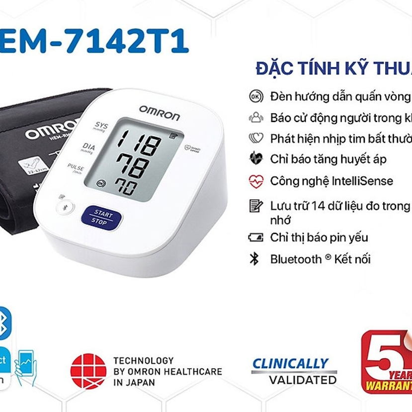 Máy huyết áp bắp tay tự động OMRON HEM-7142T1 "kết nối Bluetooth" bộ nhớ lưu 14 lần đo