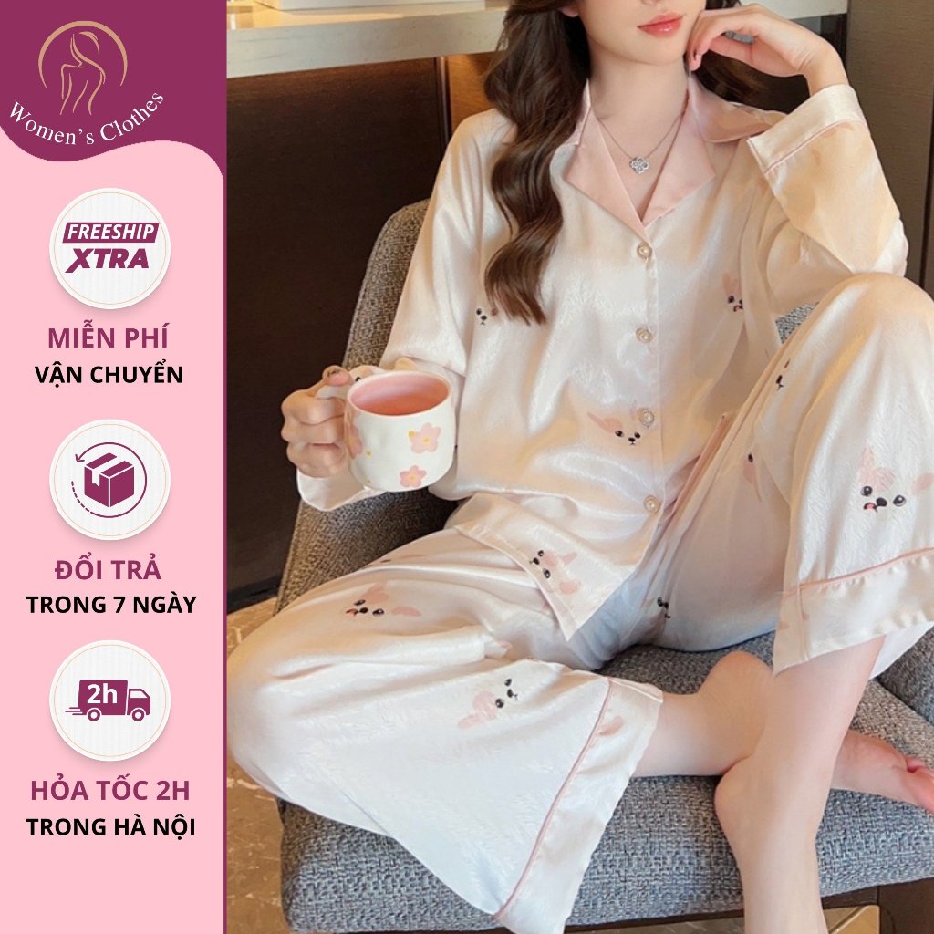 (Ảnh thật) Set quần áo ngủ lụa pyjama hồng dày dặn thời trang nữ caoo cấp họa tiết dê thương hiện đại đồ ngủ nữ