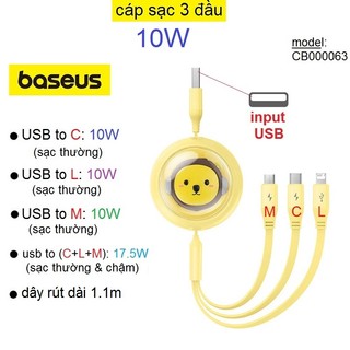 Cáp sạc 3 đầu baseus leo retractable charging cable 3-in-1 usb to m+l+c 3.5a