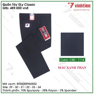 Quần tây 0 ly Vĩnh Tiến dáng Classic cao cấp Xanh Đen 489 30.7