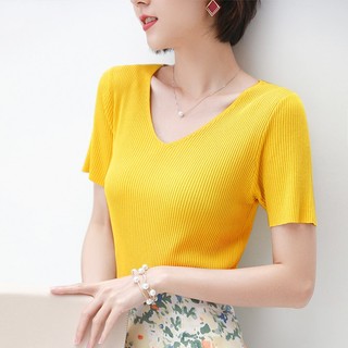 MS23 Áo Thun gân tăm nữ ngắn tay cổ tim áo thun cổ chữ V Hàng Quảng Châu Loại 1 Tại