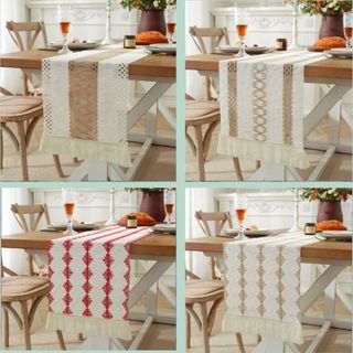 Khăn trải bàn runner dệt kim phối kem nâu viền ren vải len sang trọng trang trí bàn ăn table cloth nhà xinh decor