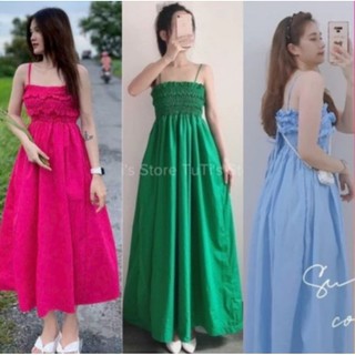 ĐẦM MAXI BOCHUN NGỰC 2 DÂY CỘT NƠ ULZZANG QUẢNG CHÂU - MÀU XANH BIỂN NEW