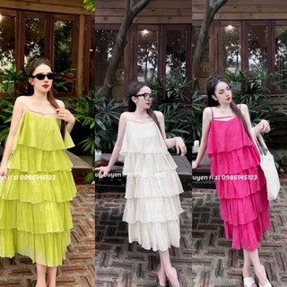 ĐẦM HAI DÂY MAXI 5 TẦNG ĐŨI TƠ QUẢNG CHÂU NEW - MÀU XANH