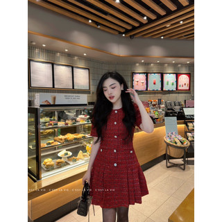 Váy tweed đỏ đuôi xếp ly C'est lavie