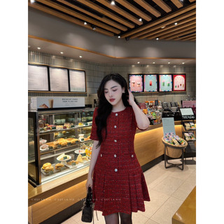 Váy tweed đỏ đuôi xếp ly C'est lavie