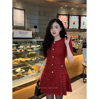 Váy tweed đỏ đuôi xếp ly C'est lavie