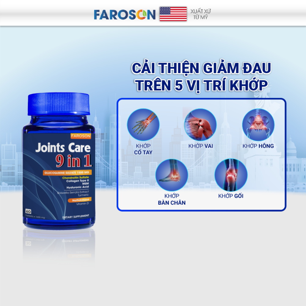 Glucosamine Faroson Joints Care 9 In 1 Bổ Xương Khớp Giảm Đau Và Tái Tạo Sụn Khớp Hộp 30 viên và 60 viên