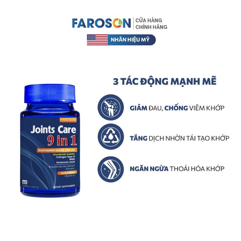 Glucosamine Faroson Joints Care 9 In 1 Bổ Xương Khớp Giảm Đau Và Tái Tạo Sụn Khớp Hộp 30 viên và 60 viên