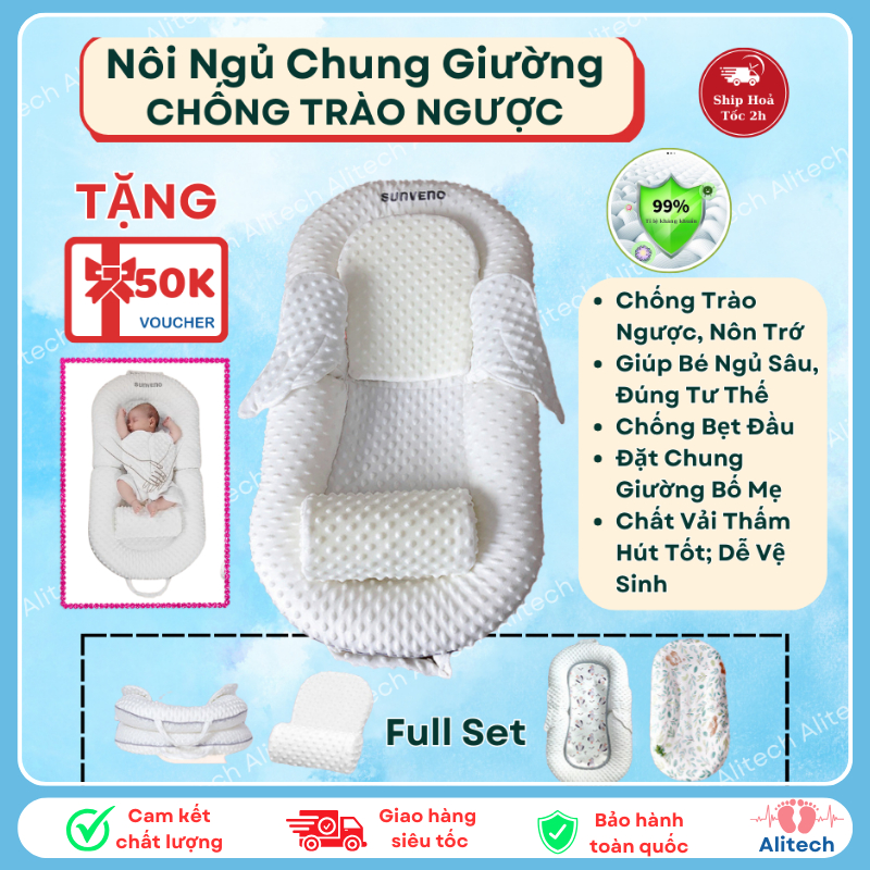 Nôi Ngủ Bé Sơ Sinh Gấp Gọn, Nằm Chung Giường Bố Mẹ SUNVENO Cao Cấp, Bộ Nệm Gối Nghiêng 3 Miếng Chống Trào Ngược, Bẹt Đầu