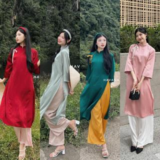 Áo dài cách tân nữ lụa trơn tay lửng viền buộc nơ phối quần nhiều màu HAVANA AD13