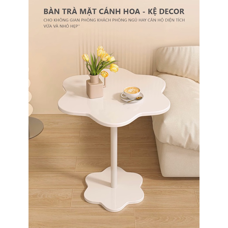 Bàn trà cánh hoa trắng, kệ decor sang trọng chân sắt tròn | BigBuy360 - bigbuy360.vn