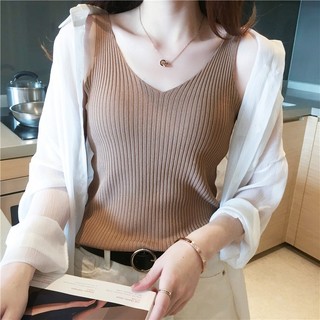 Sh25 áo ba lỗ thun gân dệt kim cổ v đơn giản gọi cảm nữ tính quảng châu
