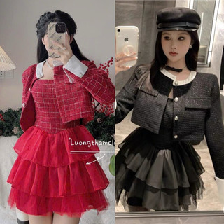 Set đầm xoè 2 dây bèo tầng + áo croptop khoác dạ tweed đen đỏ