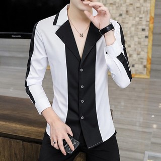 Áo sơ mi dài tay nam phong cách Hàn Quốc phối màu đen trắng cực chất N22