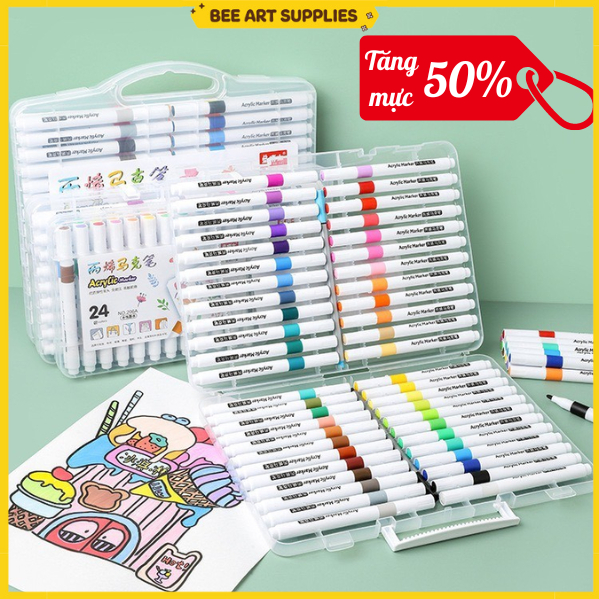 Bút màu Acrylic Marker / Bút lông màu cao cấp 12/24/36/48 màu tươi sáng, chống nước, màu dạ họa cuhọc sinh