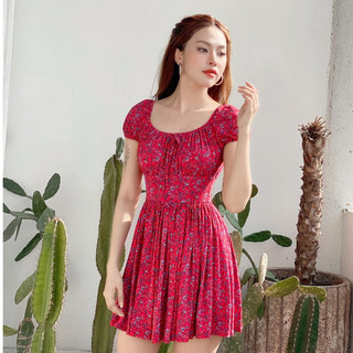 Đầm thun xòe babydoll cổ nhún thun xinh xắn thun cotton hoa co giãn tốt-Feliza clothing