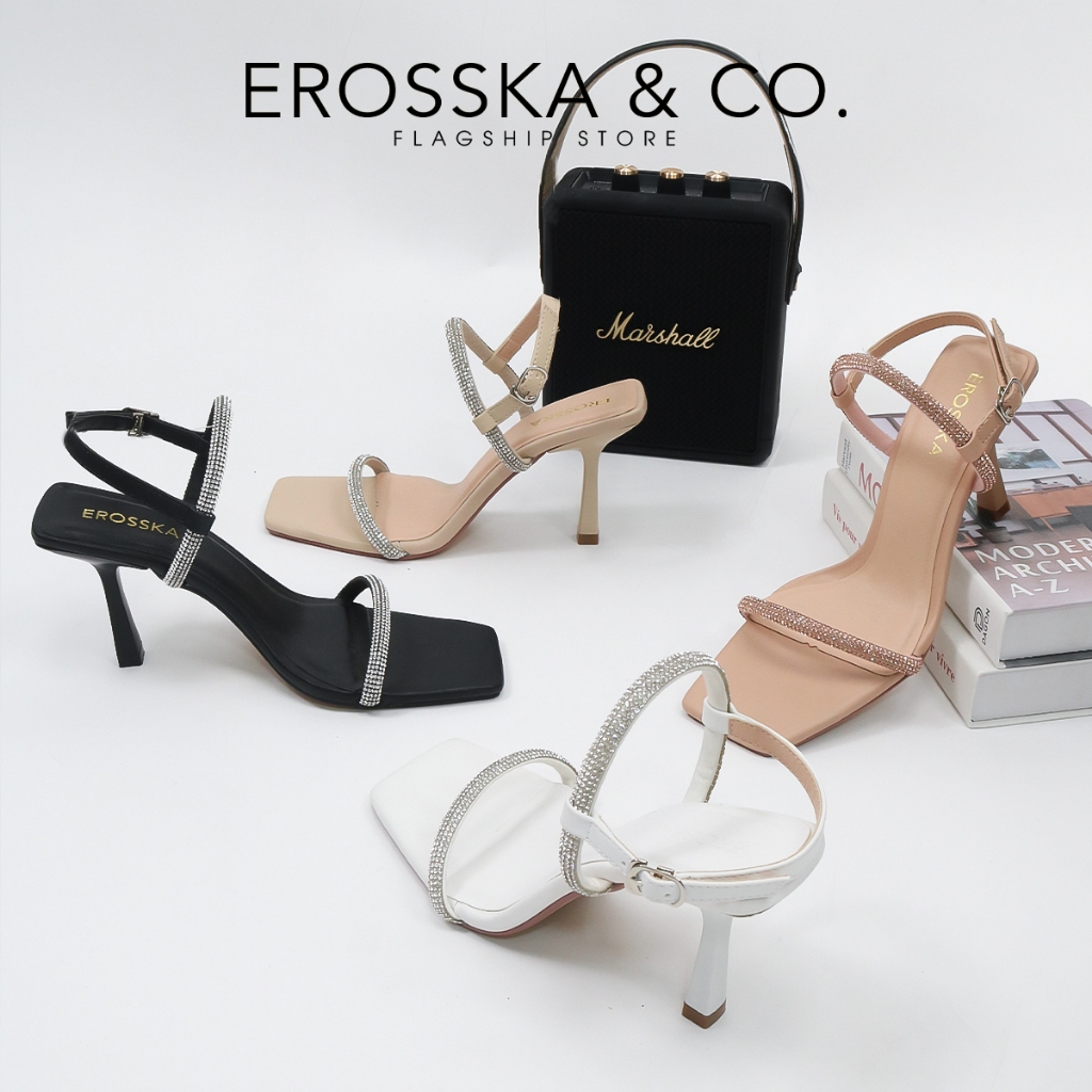 Erosska  - Giày sandal cao gót nữ mũi vuông đính đá sang trọng màu trắng - WD014