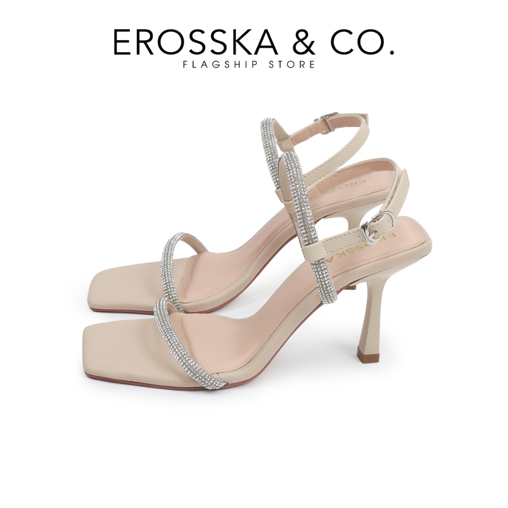 Erosska  - Giày sandal cao gót nữ mũi vuông đính đá sang trọng màu trắng - WD014