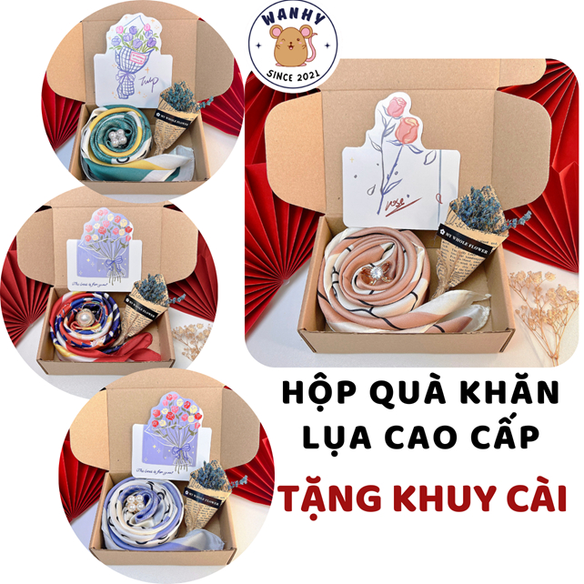 Hộp quà tặng mẹ cô giáo 8 3 20 11 ngày lễ ý nghĩa Khăn lụa vuông kèm phụ kiện cài khăn