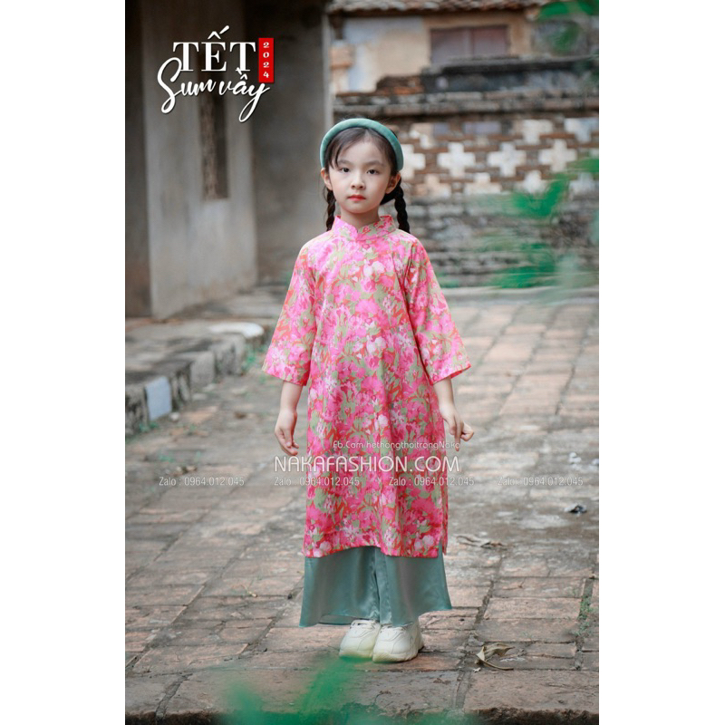 [Có sẵn] [Ảnh thật]  Set Áo Dài Hoa Erica ( Áo hoa hồng + Quần Xanh Trời)