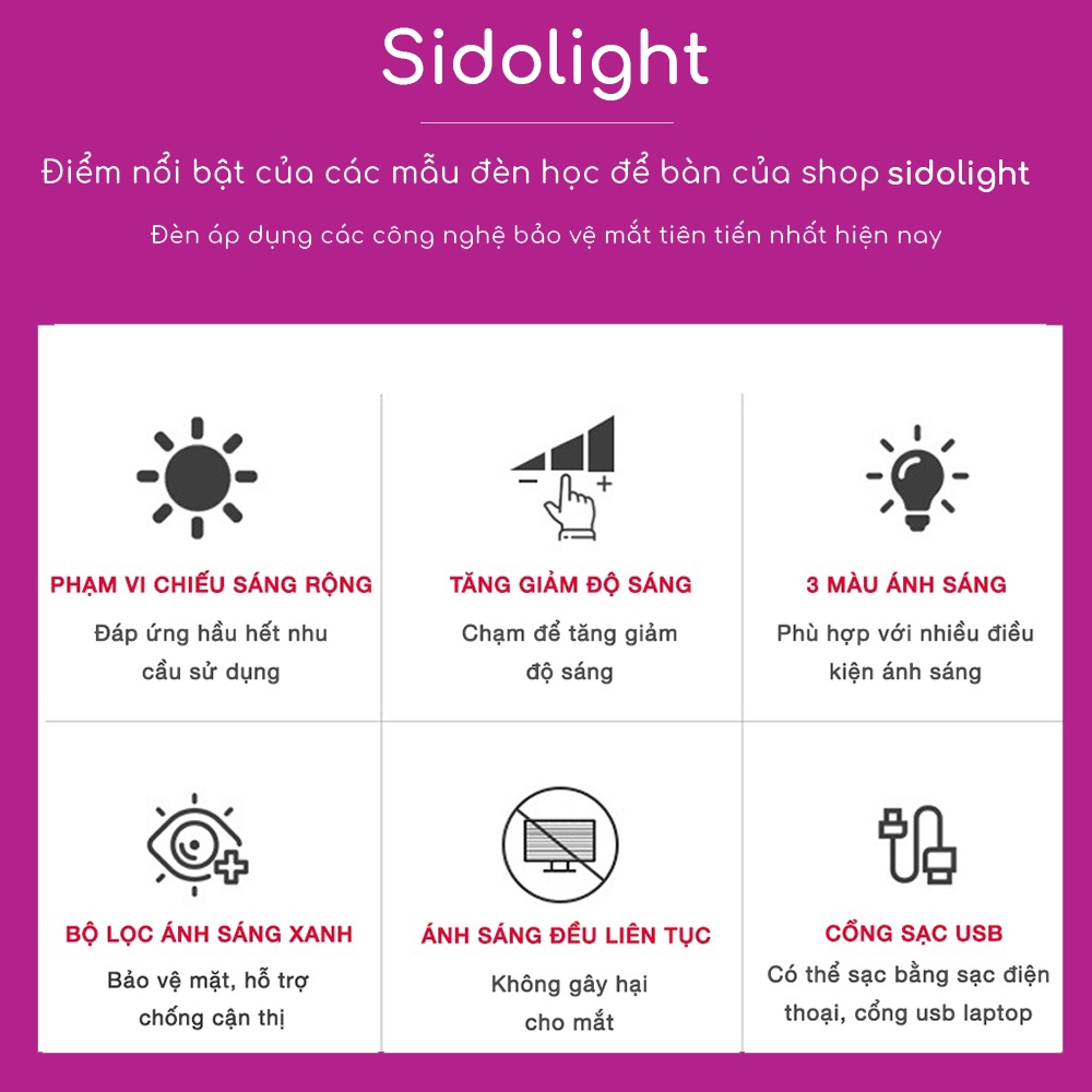 Đèn học để bàn chống cận Sidolight XH4800 gập gọn sạc pin cảm ứng có 3 chế