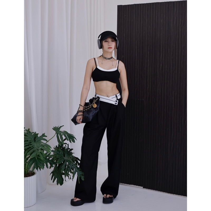 Set áo bra phối đen trắng, quần ống suông phối cạp trắng Choose Me KLP