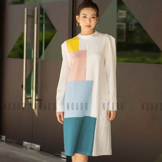Đầm trắng phối màu cổ cao NGADO , đầm nữ , đầm thời trang , váy đi biển