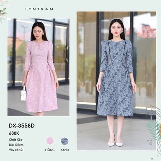 Đầm xòe nữ dự tiệc tay lỡ họa tiết hoa nhí viền thân trước, váy xòe dài tay vai bồng LYNTRAN DX-3558D