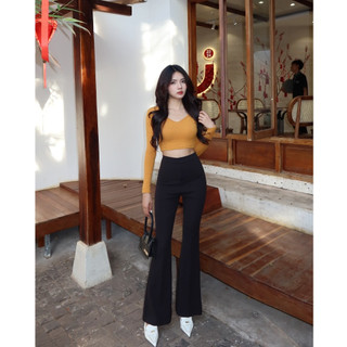 Quần tây ủi ly nữ ống loe lưng cao cát nhật co giãn I Hhvintage