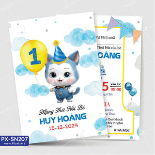 Thiệp thôi nôi –  sinh nhật Pluxi bé Trai tuổi Mèo - Mẹo