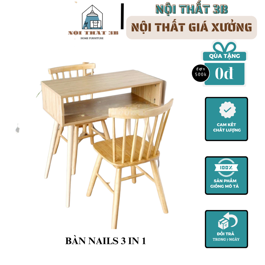 Bàn Làm Nail 3IN1, Bàn làm việc, học, Trang điểm chân gỗ tự nhiên_Nội Thất 3B_Nội Thất Giá Xưởng(giá không kèm ghế)