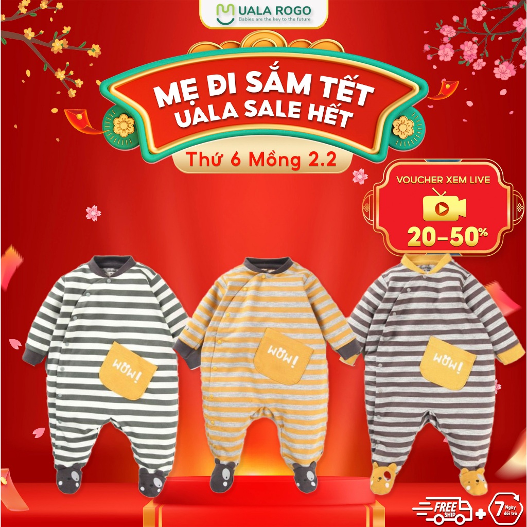 Bodysuit cho bé sơ sinh Ualarogo 0 - 6 tháng liền chân cúc chéo vải Cotton Nỉ mềm mại ấm áp co giãn thoáng khí 3680