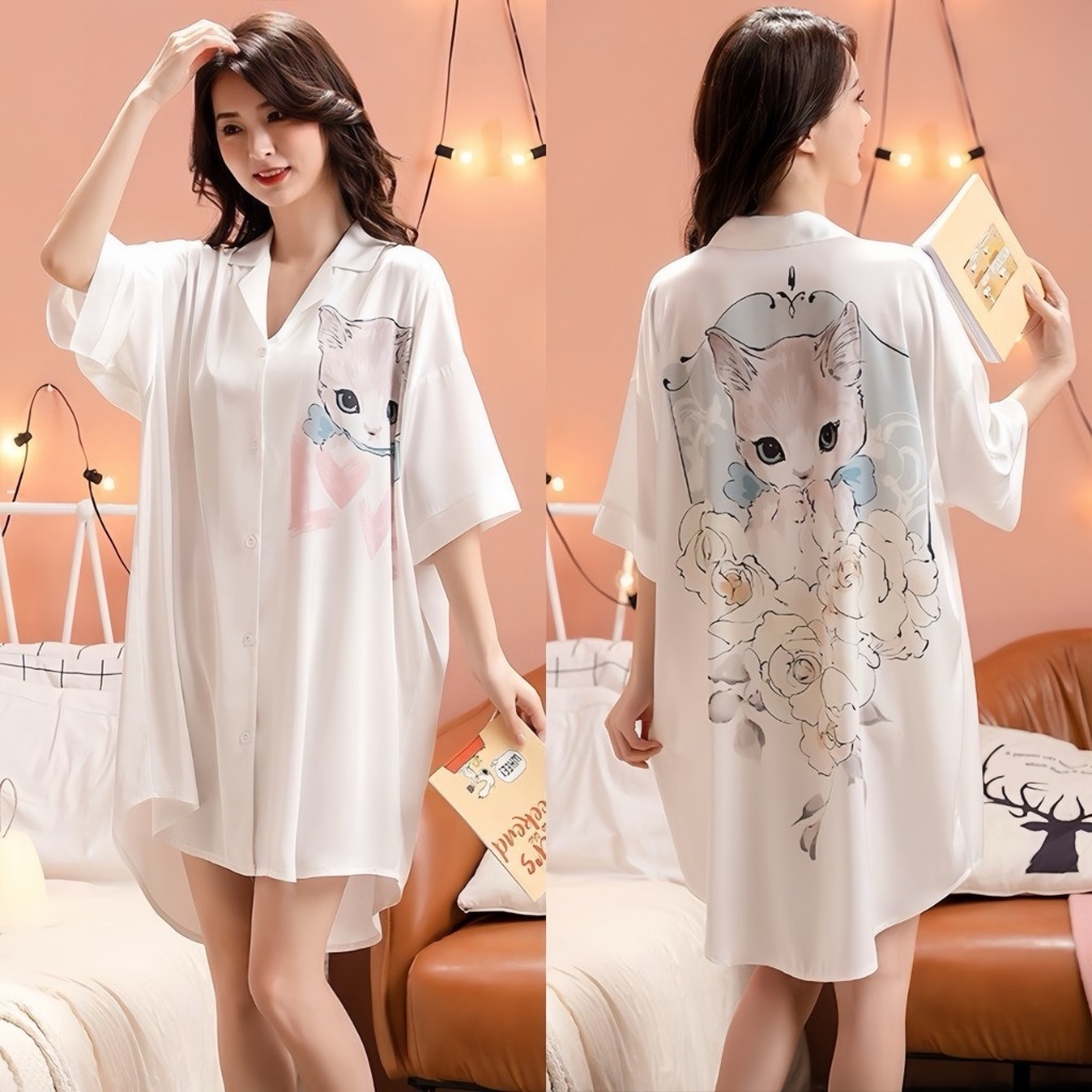 Váy ngủ sơ mi lụa Latin Hisexy đầm mặc nhà suông rộng thoải mái in hình cao cấp SM16