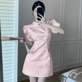 Đầm gấm ánh kim tay phồng