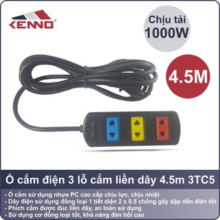 Ổ Cắm Điện Kenno 3 Lỗ Màu Dây 2.5m, 4.5m Chính Hãng Chịu Tải Cao 3000w Chống Cháy