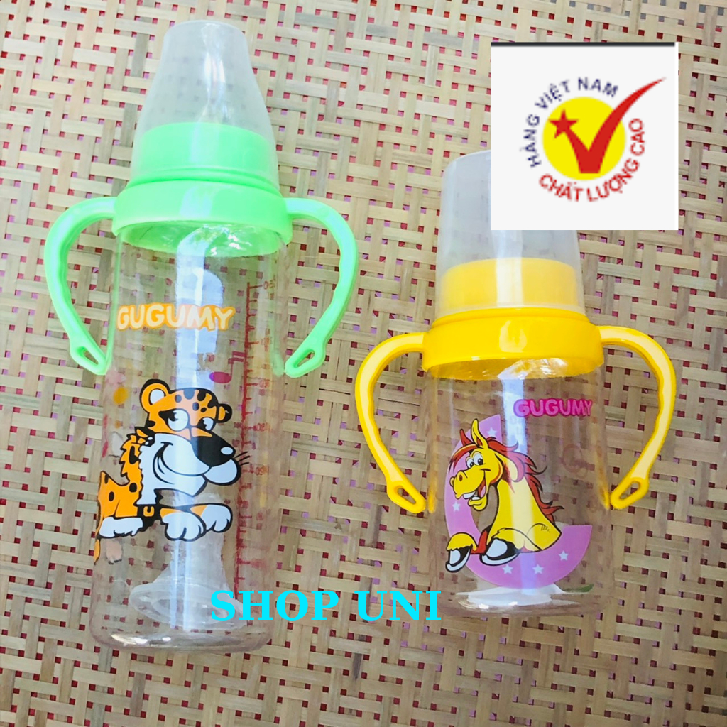 Bình sữa em bé có ti sữa mềm có tay cầm chắc chắn 140 ml - 250 ml Gugumy