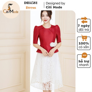 Đầm công sở CITI MODE FASHION thiết kế dáng xoè tafta đỏ phối chân váy ren be DH4581